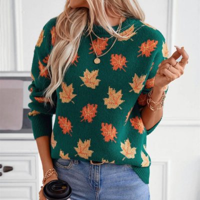 Dames Herfst Sweater met Bladmotief – Comfortabele Trui voor de Herfst