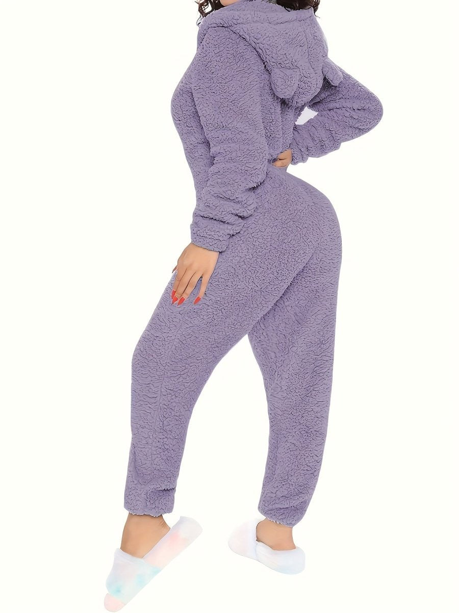 CozyCloud™ Fleece Pyjama Jumpsuit met Capuchon – Zachte Dames Onesie met Lange Mouwen en Rits