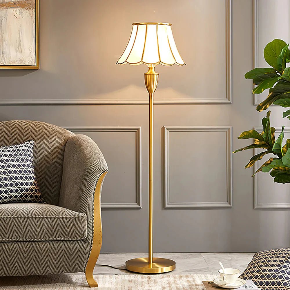 Luxe Messing Vloerlamp - Vintage Designlamp met Glazen Kap