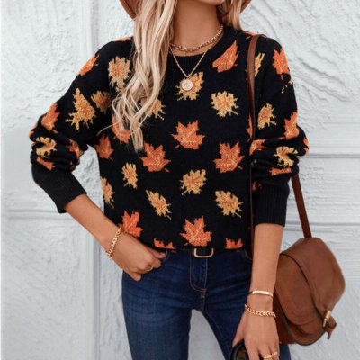 Dames Herfst Sweater met Bladmotief – Comfortabele Trui voor de Herfst