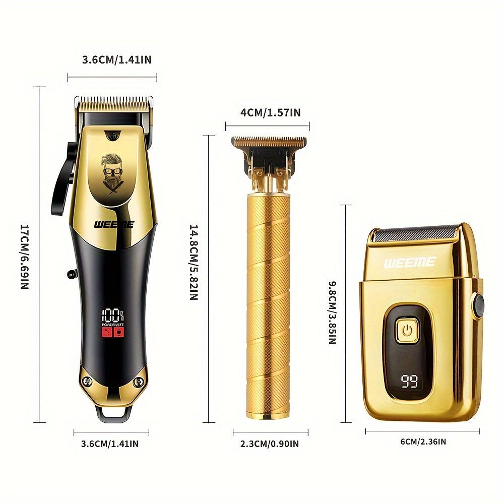 ProTrim™ Gouden Haartrimmer Set voor Mannen – 3-in-1 Set Draadloze Tondeuse met LCD Display, T-Blade & Scheerapparaat