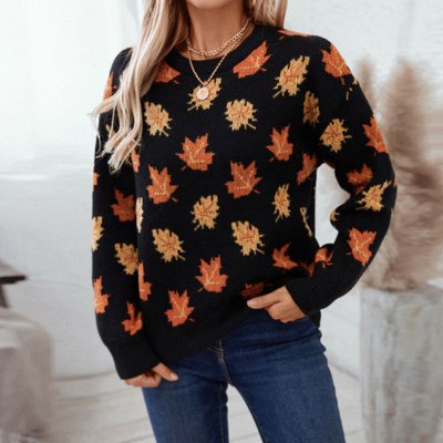 Dames Herfst Sweater met Bladmotief – Comfortabele Trui voor de Herfst