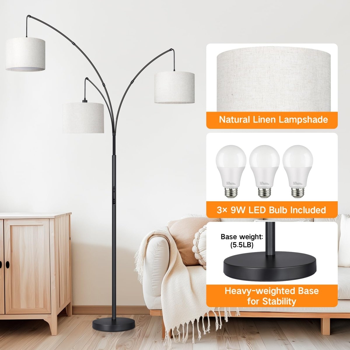 Moderne Boogvloerlamp met 3 Verstelbare Lampenkappen - Sfeervolle Vloerlamp voor Woonkamer en Slaapkamer