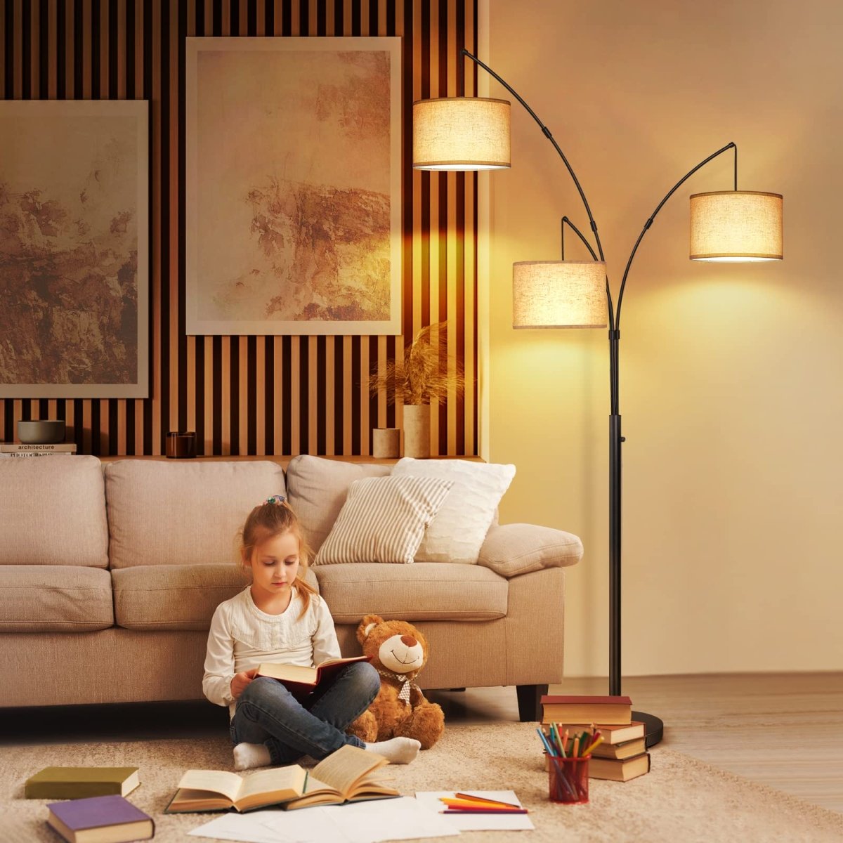 Moderne Boogvloerlamp met 3 Verstelbare Lampenkappen - Sfeervolle Vloerlamp voor Woonkamer en Slaapkamer