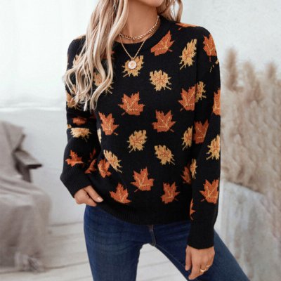 Dames Herfst Sweater met Bladmotief – Comfortabele Trui voor de Herfst