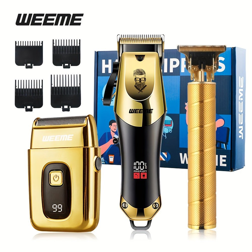 ProTrim™ Gouden Haartrimmer Set voor Mannen – 3-in-1 Set Draadloze Tondeuse met LCD Display, T-Blade & Scheerapparaat