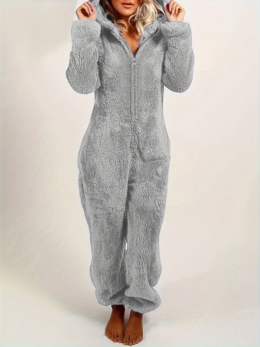 CozyCloud™ Fleece Pyjama Jumpsuit met Capuchon – Zachte Dames Onesie met Lange Mouwen en Rits