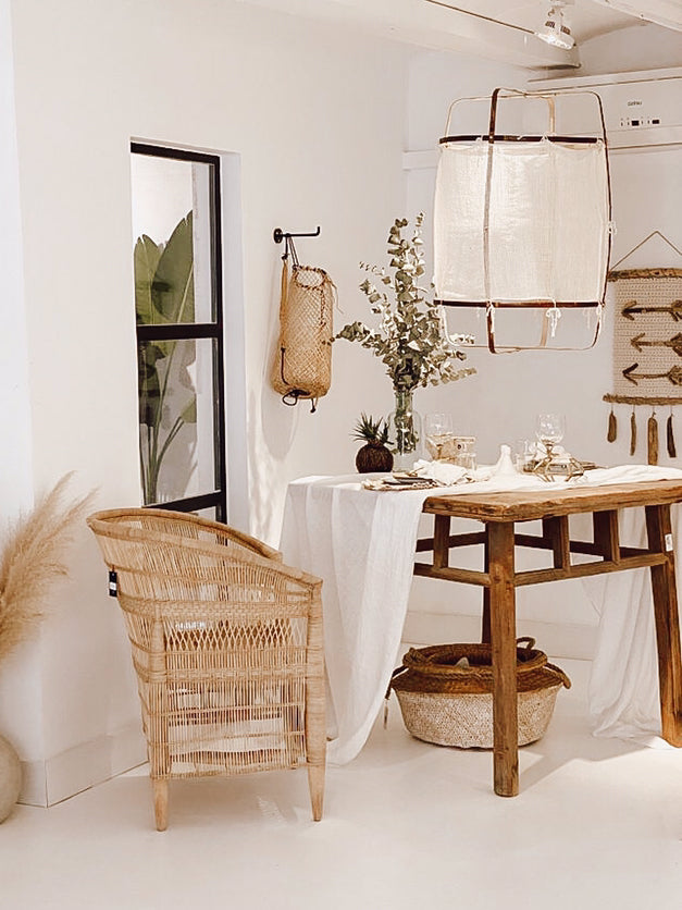 Boho Hanglamp Van Stof En Bamboe - Unieke Sfeerverlichting Voor Woonkamer en Eetkamer