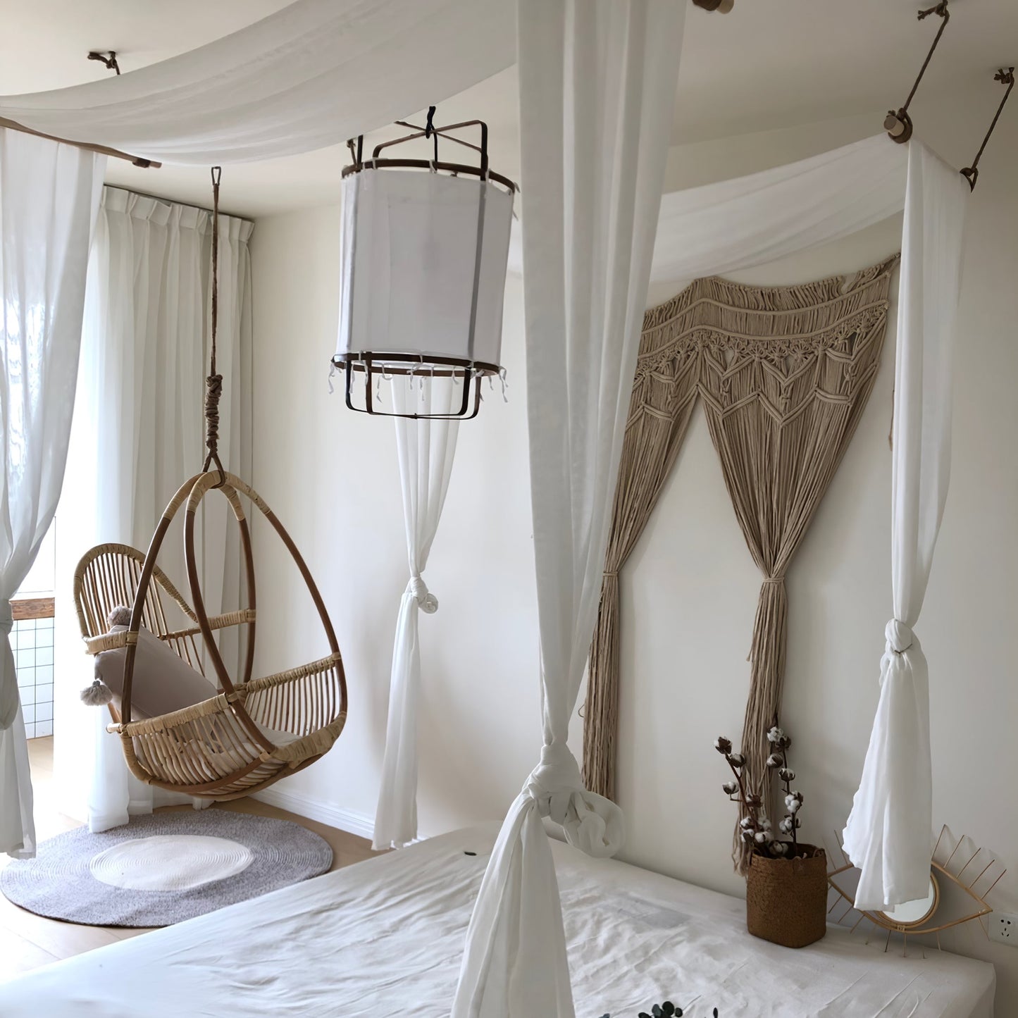 Boho Hanglamp Van Stof En Bamboe - Unieke Sfeerverlichting Voor Woonkamer en Eetkamer