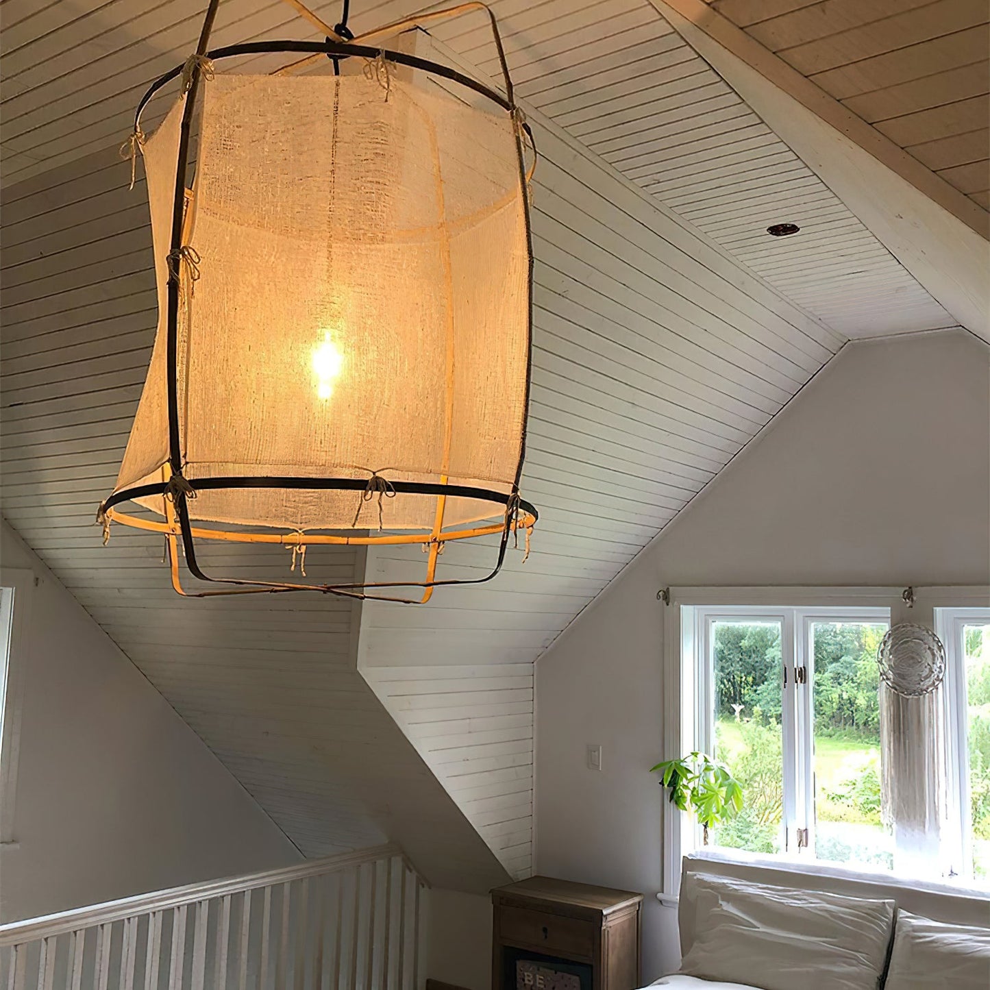 Boho Hanglamp Van Stof En Bamboe - Unieke Sfeerverlichting Voor Woonkamer en Eetkamer