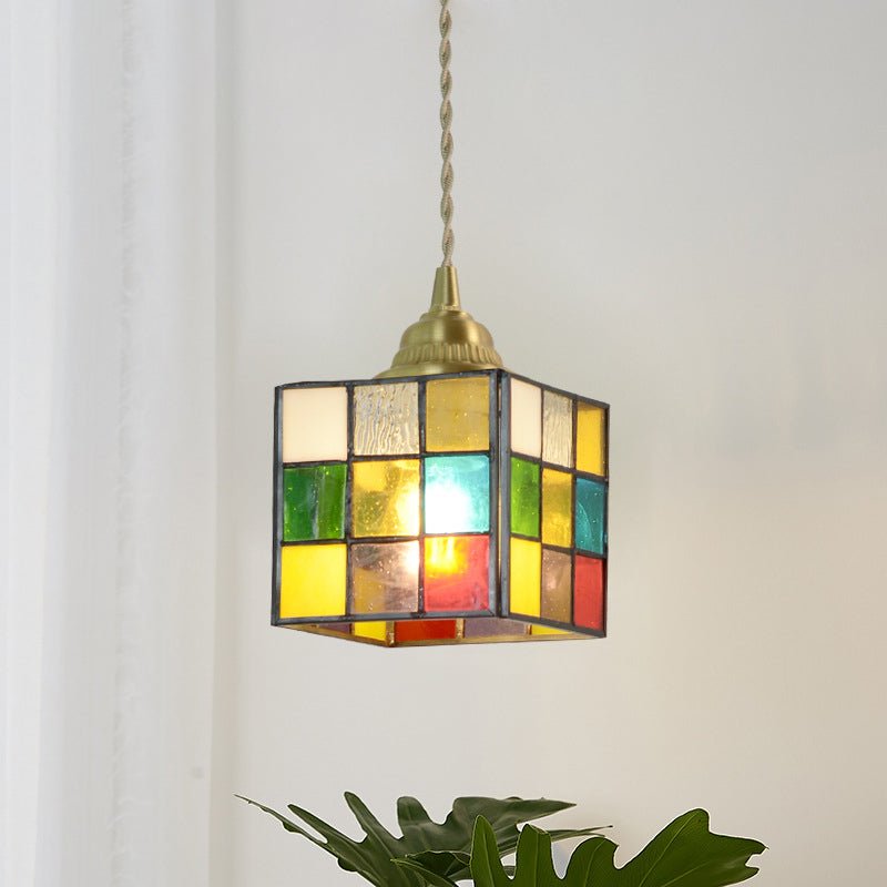 Cubo Tiffany Hanglamp - Vintage Hanglamp met Koper en Gebrandschilderd Glas