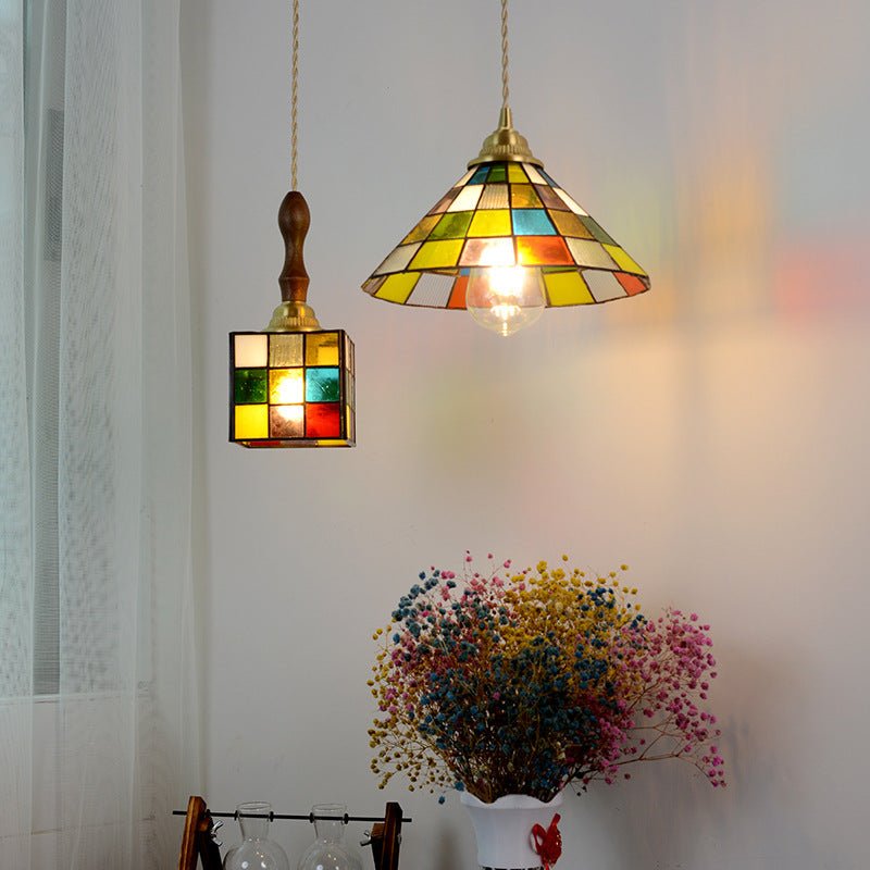 Cubo Tiffany Hanglamp - Vintage Hanglamp met Koper en Gebrandschilderd Glas