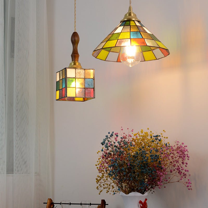 Cubo Tiffany Hanglamp - Vintage Hanglamp met Koper en Gebrandschilderd Glas