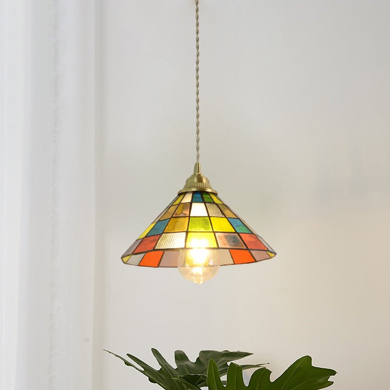 Cubo Tiffany Hanglamp - Vintage Hanglamp met Koper en Gebrandschilderd Glas