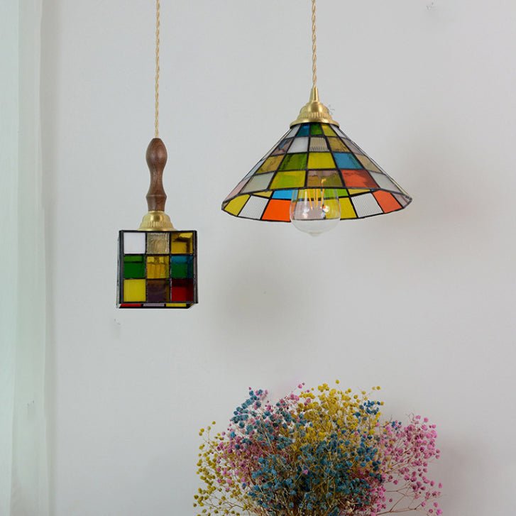 Cubo Tiffany Hanglamp - Vintage Hanglamp met Koper en Gebrandschilderd Glas