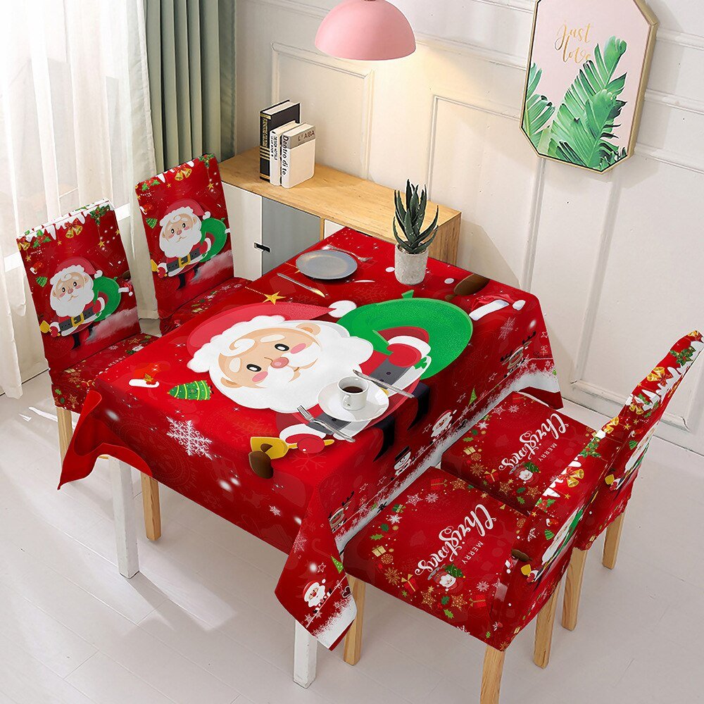 Kerst Tafelkleed en Stoelhoezen Set – Santa Claus Decor voor Eettafel en Stoelen