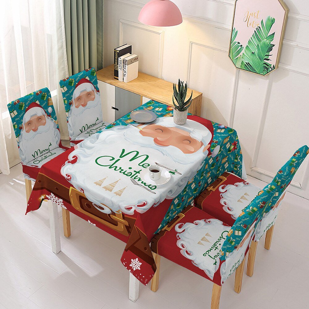 Kerst Tafelkleed en Stoelhoezen Set – Santa Claus Decor voor Eettafel en Stoelen