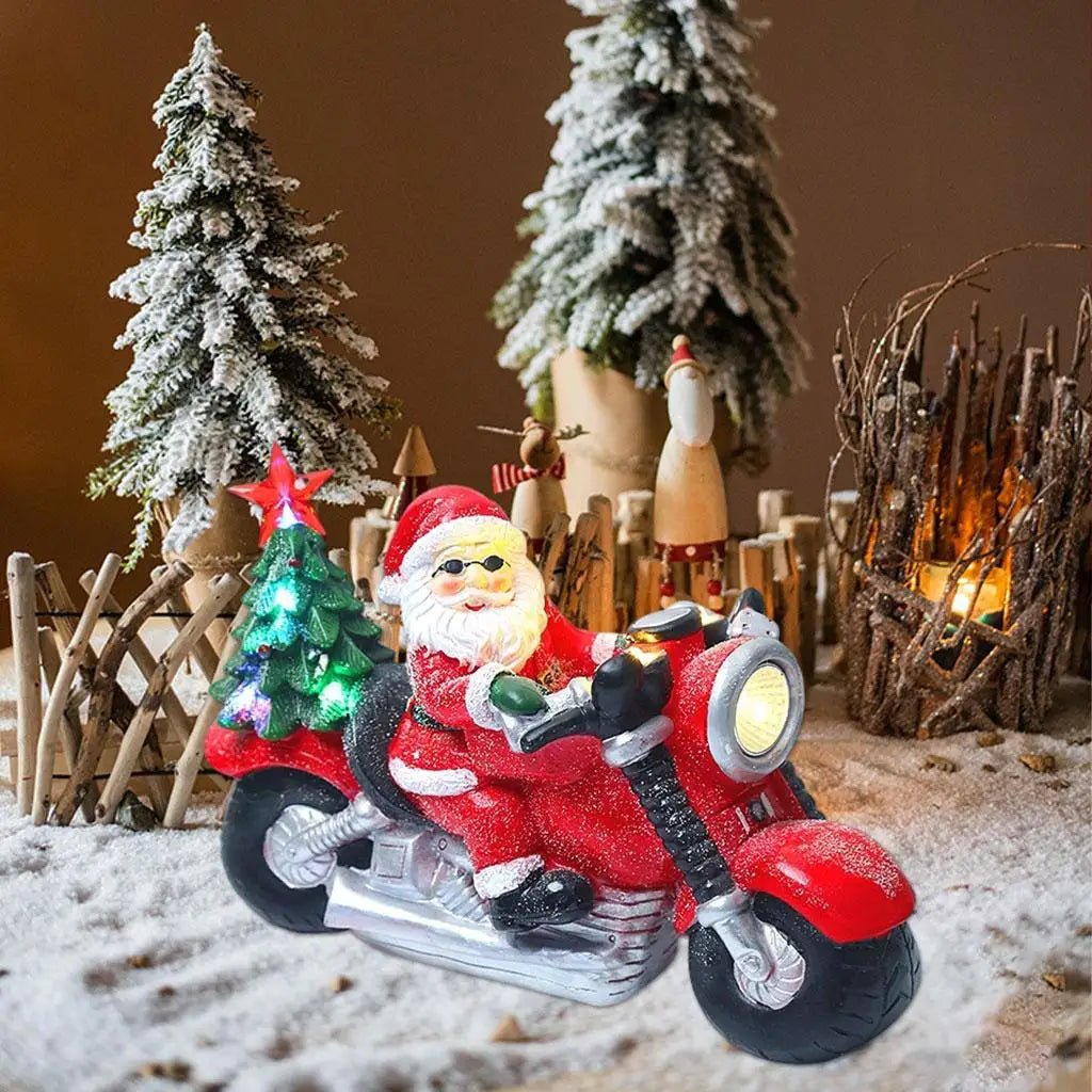 Kerstman op Motor met LED Verlichting – Decoratief Kerstbeeldje voor Binnen en Buiten