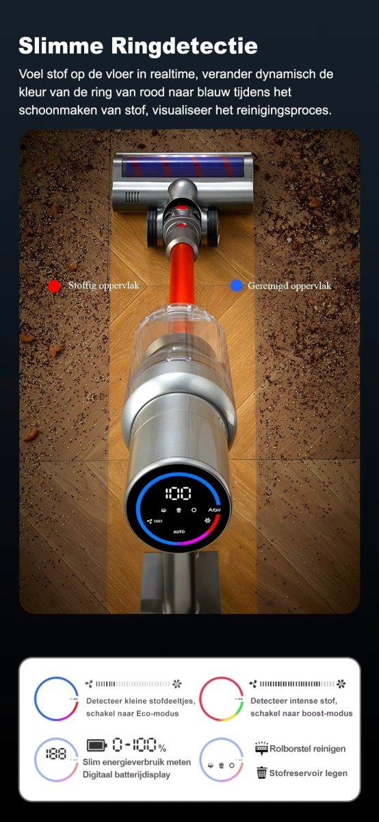 PowerClean™ Steelstofzuiger Draadloos – Slimme Stofsensor & LED Touchscreen