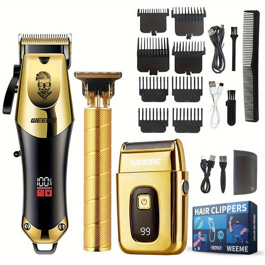 ProTrim™ Gouden Haartrimmer Set voor Mannen – 3-in-1 Set Draadloze Tondeuse met LCD Display, T-Blade & Scheerapparaat