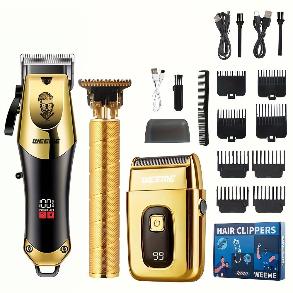 ProTrim™ Gouden Haartrimmer Set voor Mannen – 3-in-1 Set Draadloze Tondeuse met LCD Display, T-Blade & Scheerapparaat