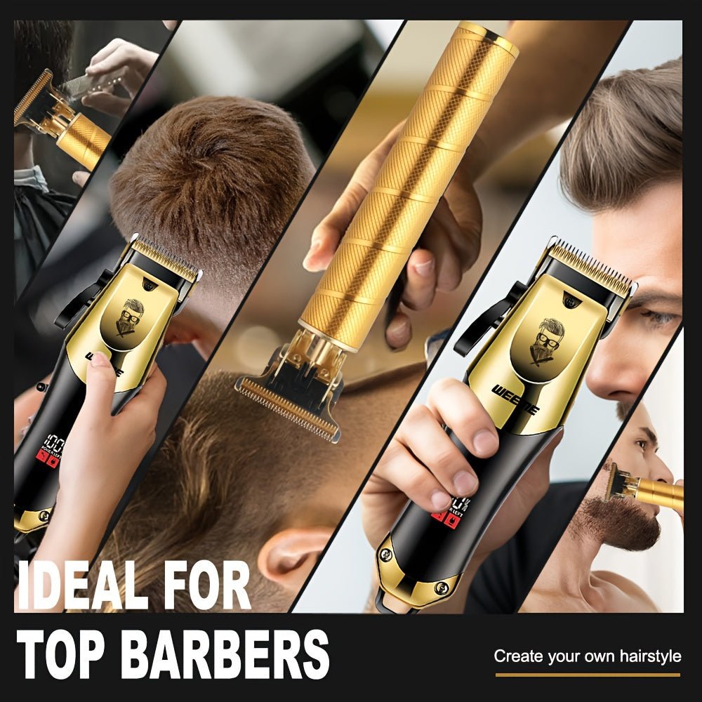 ProTrim™ Gouden Haartrimmer Set voor Mannen – 3-in-1 Set Draadloze Tondeuse met LCD Display, T-Blade & Scheerapparaat