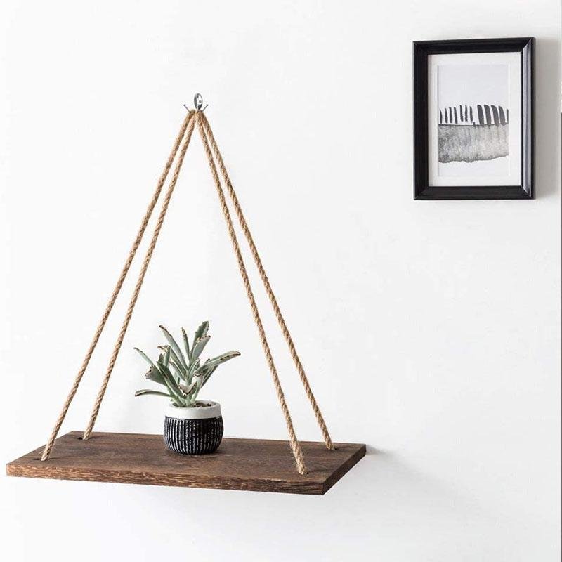 Scandinavische Houten Hangplank - Minimalistische Zwevende Wandplank met Touw