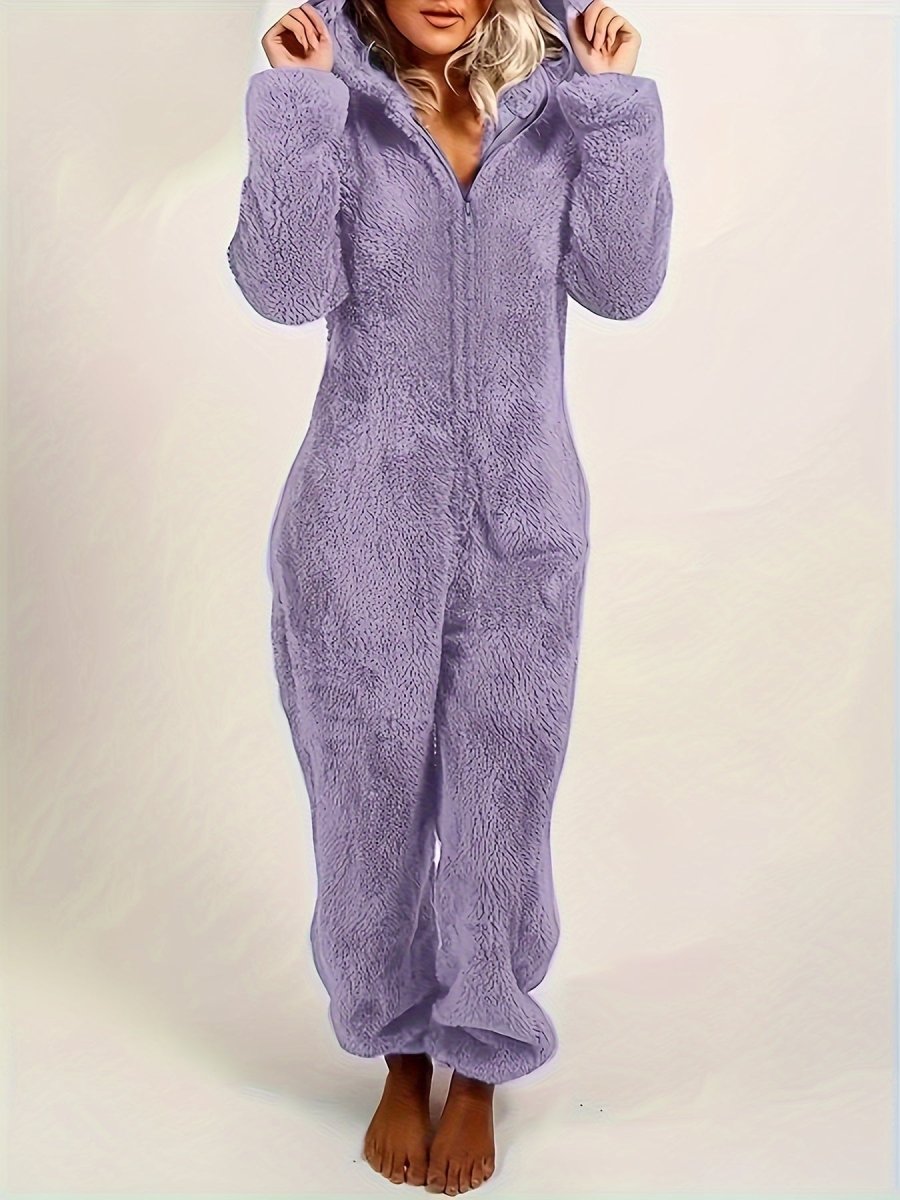 CozyCloud™ Fleece Pyjama Jumpsuit met Capuchon – Zachte Dames Onesie met Lange Mouwen en Rits